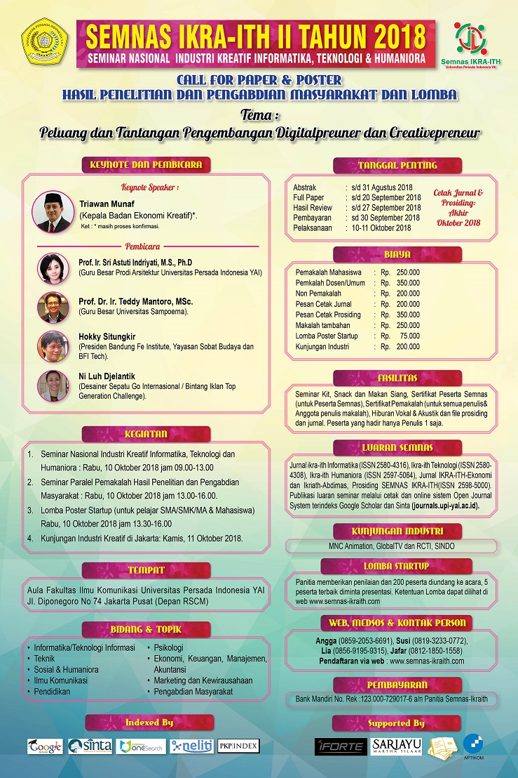Seminar Nasional Industri Kreatif Informatika, Teknologi dan Humaniora (Semnas Ikra-ith) ke-2 Tahun 2018